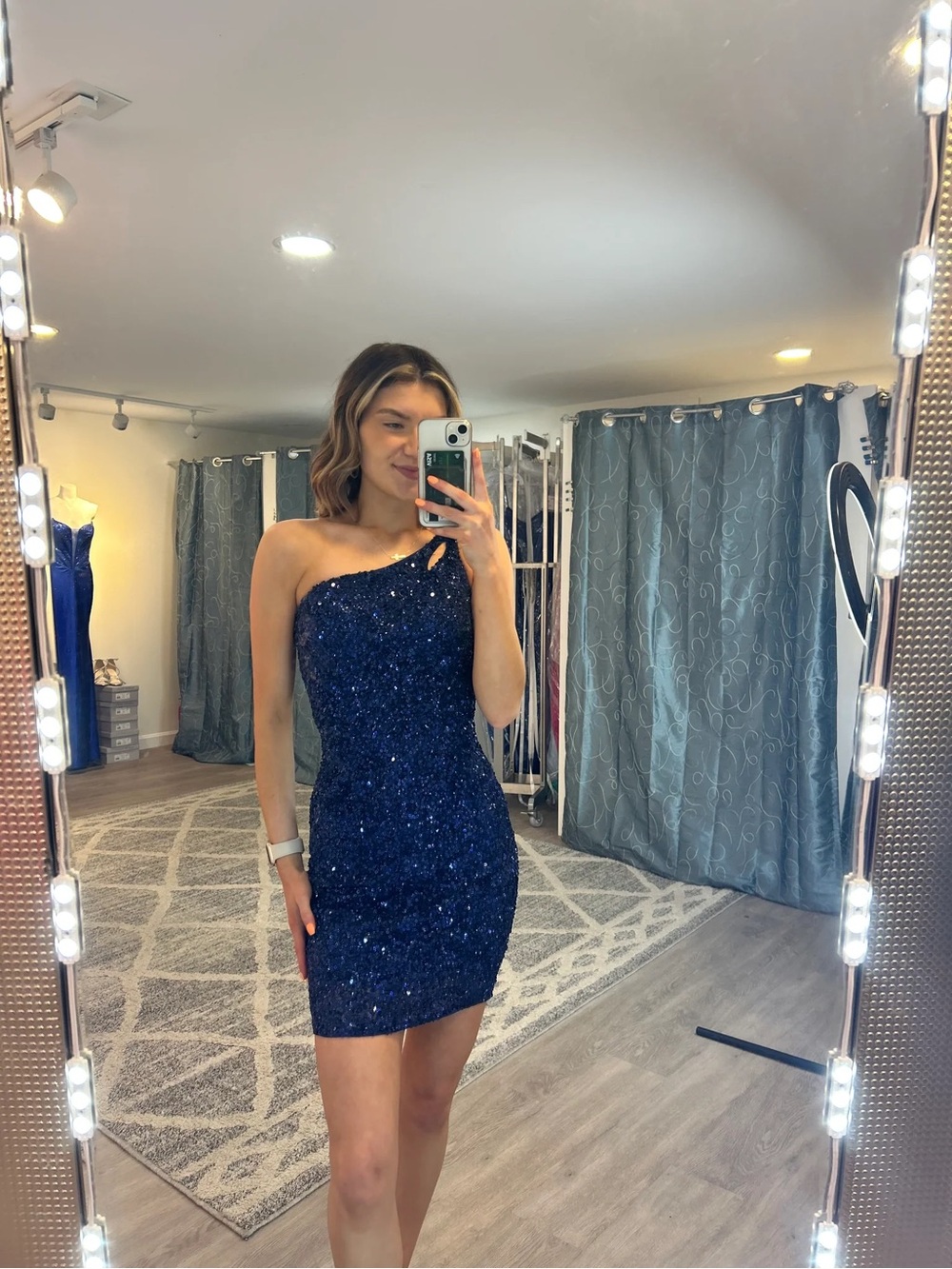 Primavera Couture One-Shoulder Midnight Blue Sequin Mini Dress